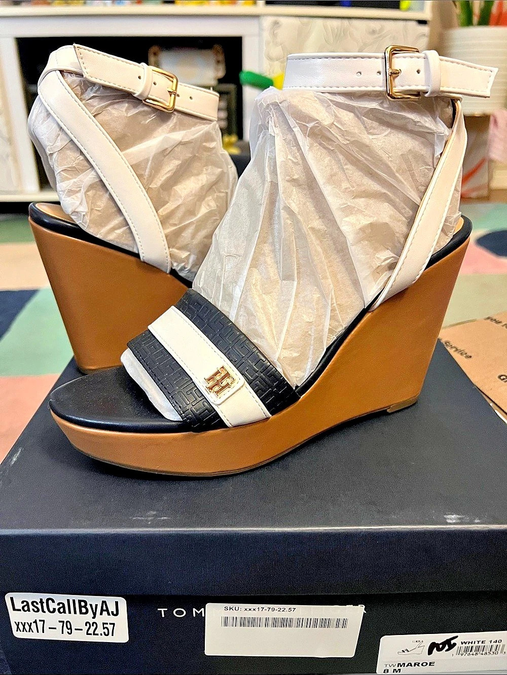 Tommy Hilfiger Maroe Wedge Sandal white,brown, and blue